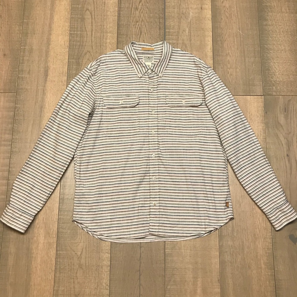 L.L. Bean Shirt Mens Size L Beige Button Up Hemp Stonecoast Long Sleeve Stripe